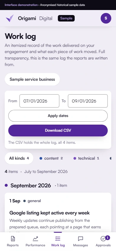 Anonymised work-log interface demonstration on a phone